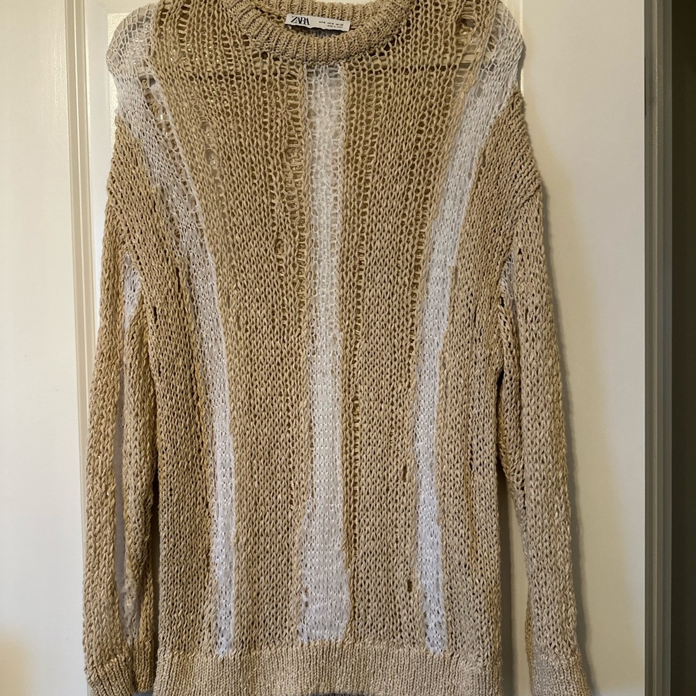 Zara Beige and White Women's Knit Sweater